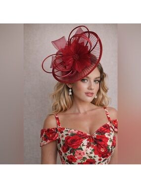 Kentucky Derby Hat Fascinator Elegant Red Floral Feather Ascot Oaks Headwear